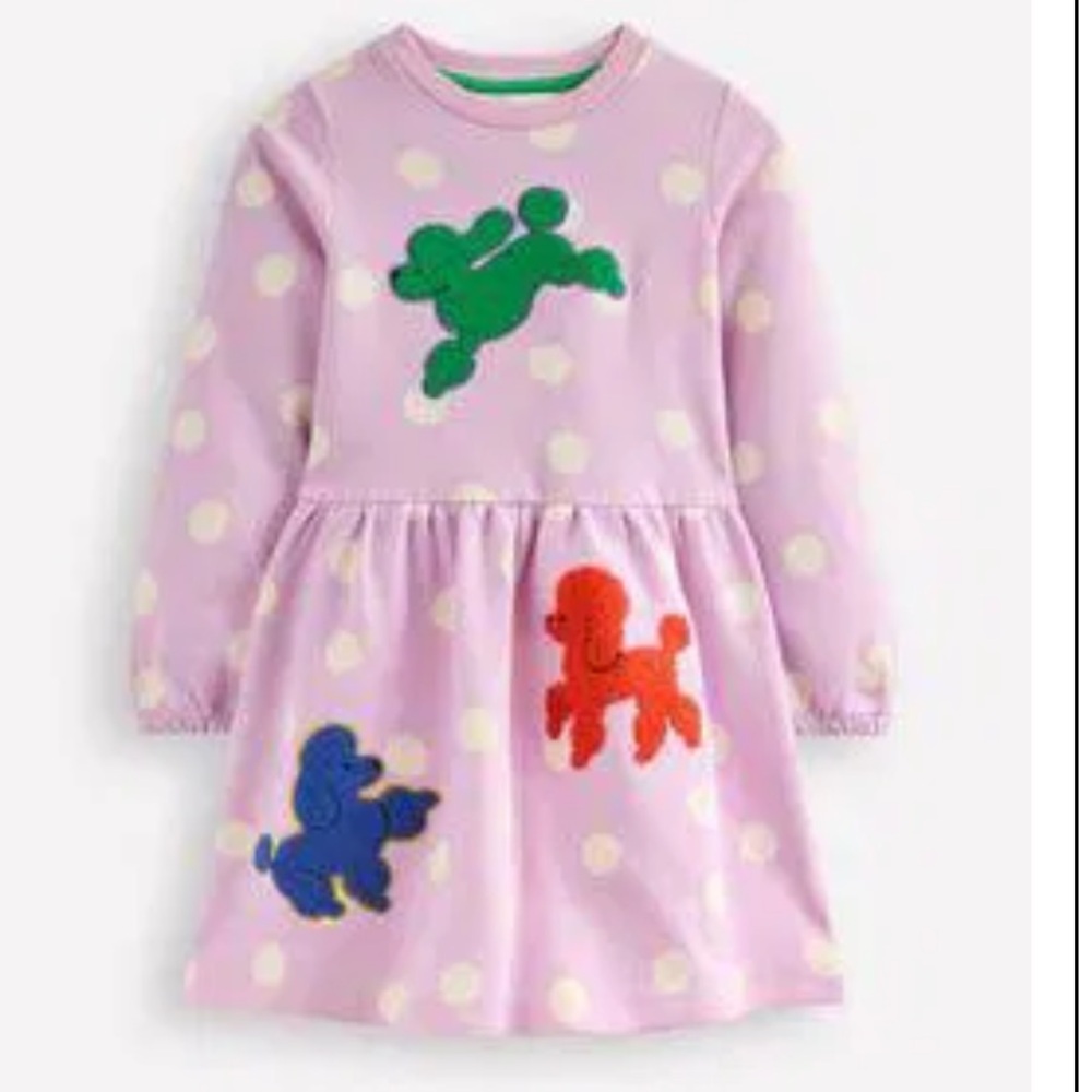 Mini Boden Lavender Polka Dot Poodle Dress with Colorful Poodle Patches, 2-3y